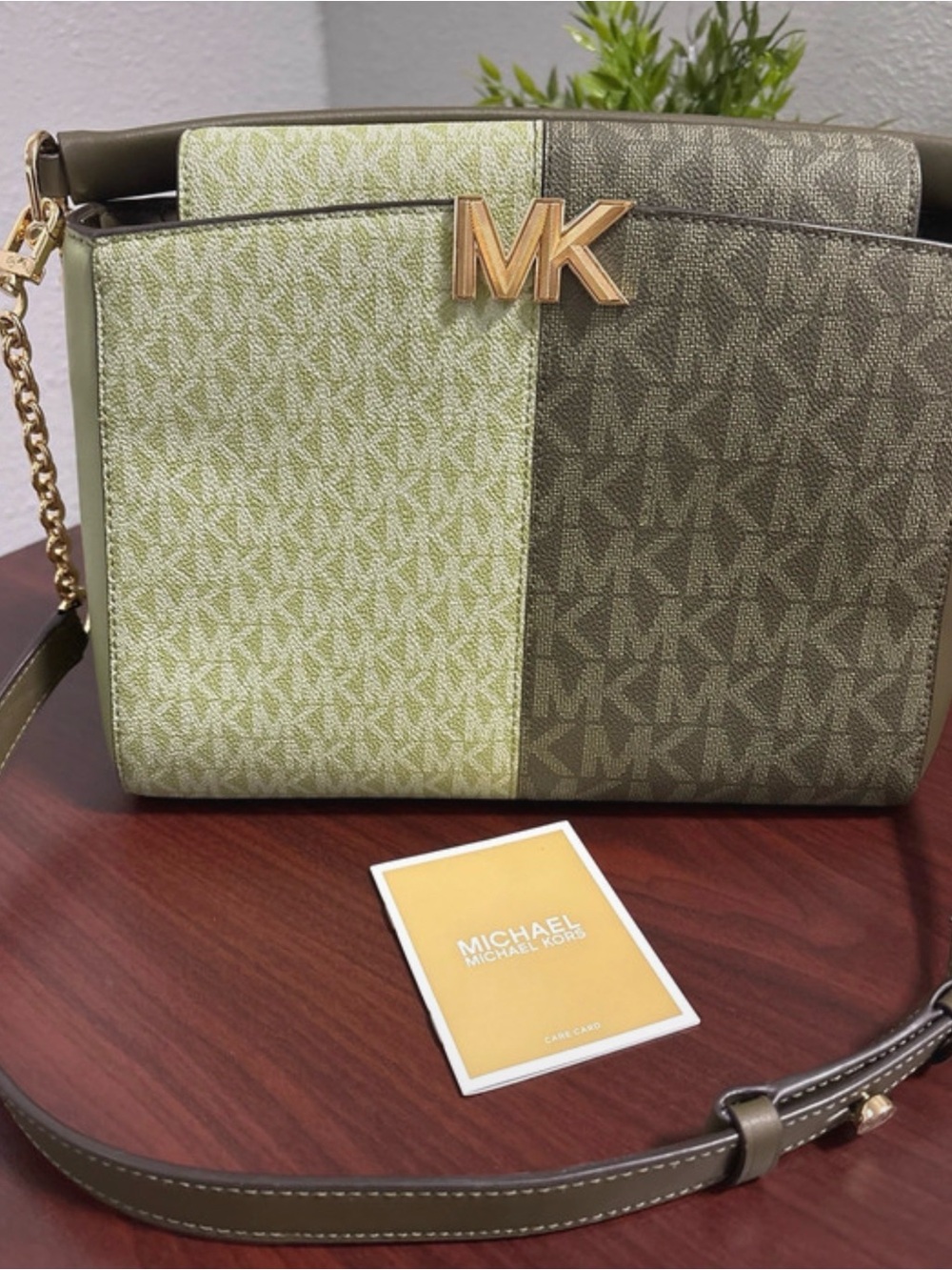 Michael Kors Two-Tone Olive Logo Crossbody with Gold MK Accent